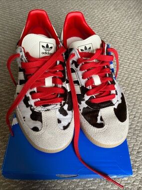 Adidas Cow-Print Sneakers with Red Accents